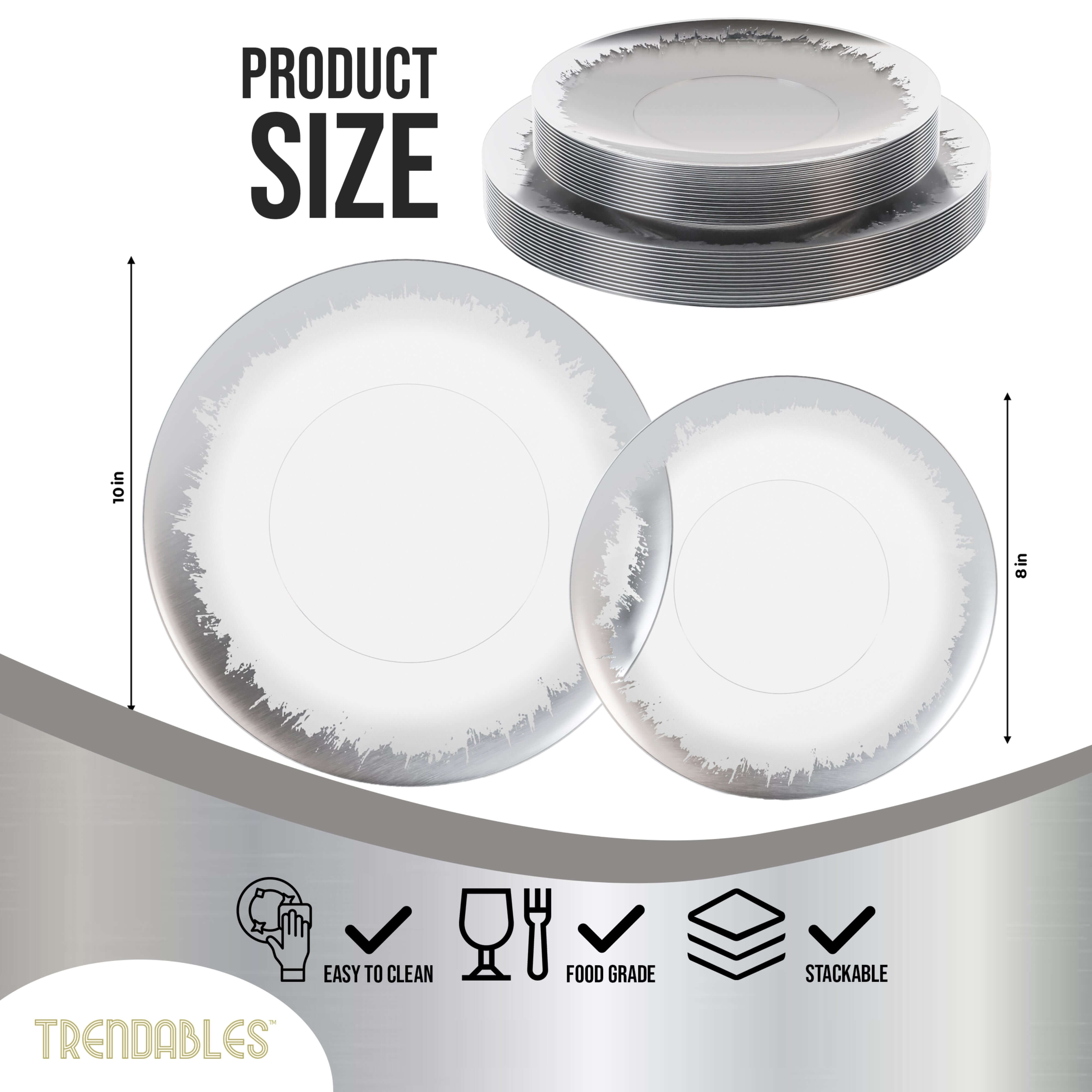 Trendables 60 Pack Combo Plastic Plates Set - 30-10.25 inch. Plastic Dinner Plates & 30-8 inch. Dessert Disposable Plates - Clear Plastic Plates For Parties With A Silver Scratched Design Rim