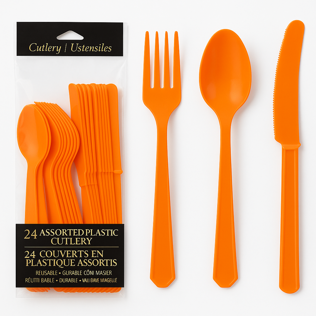 Vibrant Orange Plastic Cutlery Set - 24 Pack