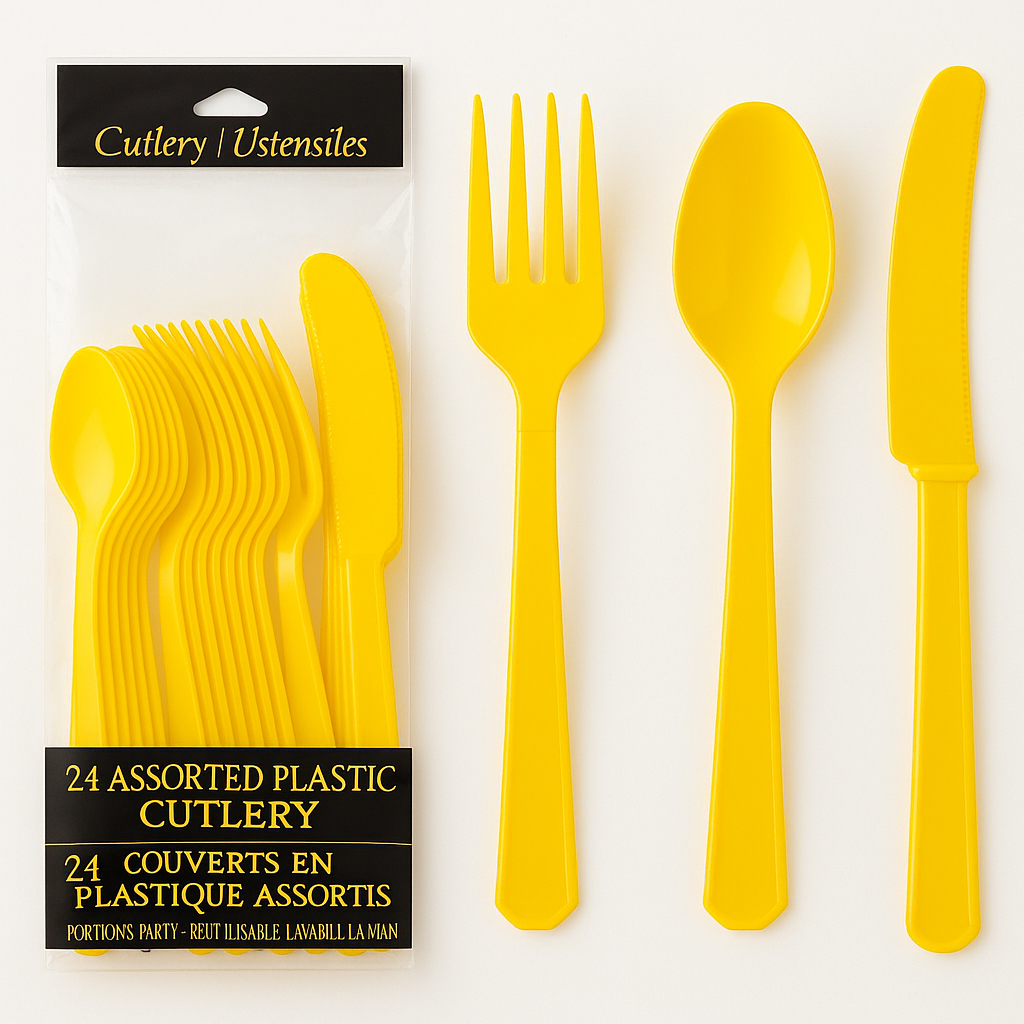 Sunshine Yellow Assorted Plastic Cutlery Set - 24 Pack