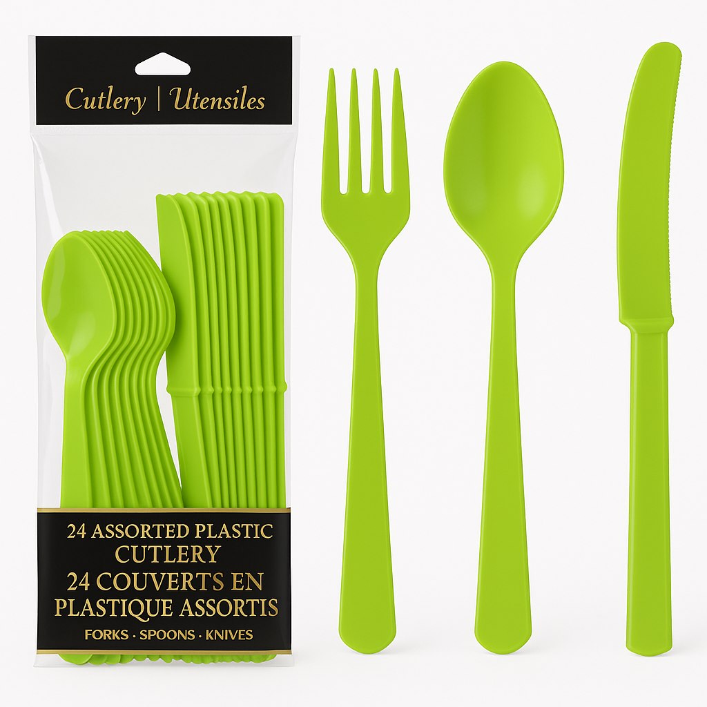 Kiwi Green Plastic Cutlery Set - 24 Pieces
