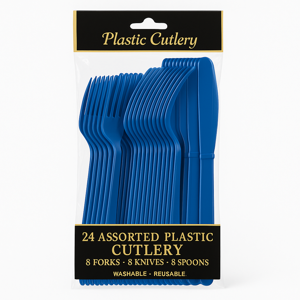 Royal Blue Assorted Plastic Cutlery Set - 24 Pieces - 7.5 in.