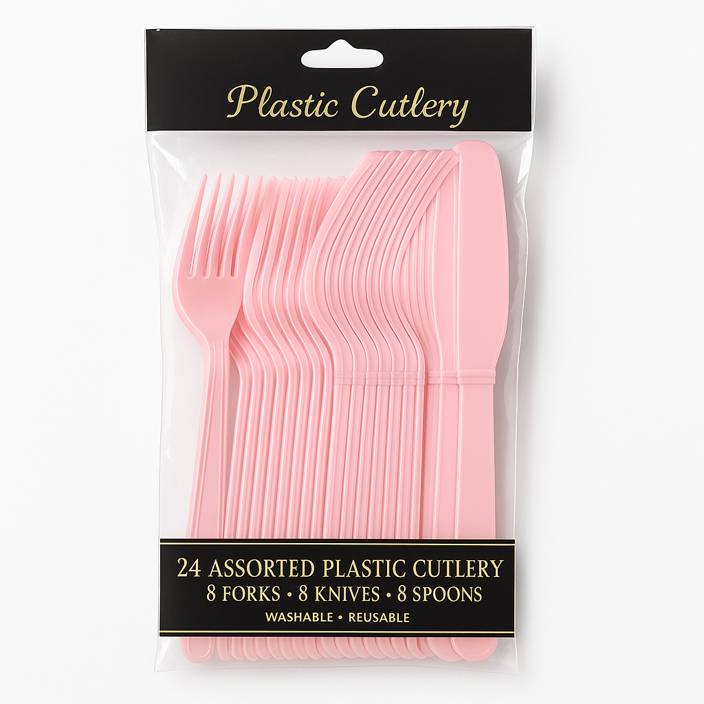 Elegant Pink Assorted Plastic Cutlery Set - 24 Pieces