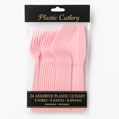 Elegant Pink Assorted Plastic Cutlery Set - 24 Pieces