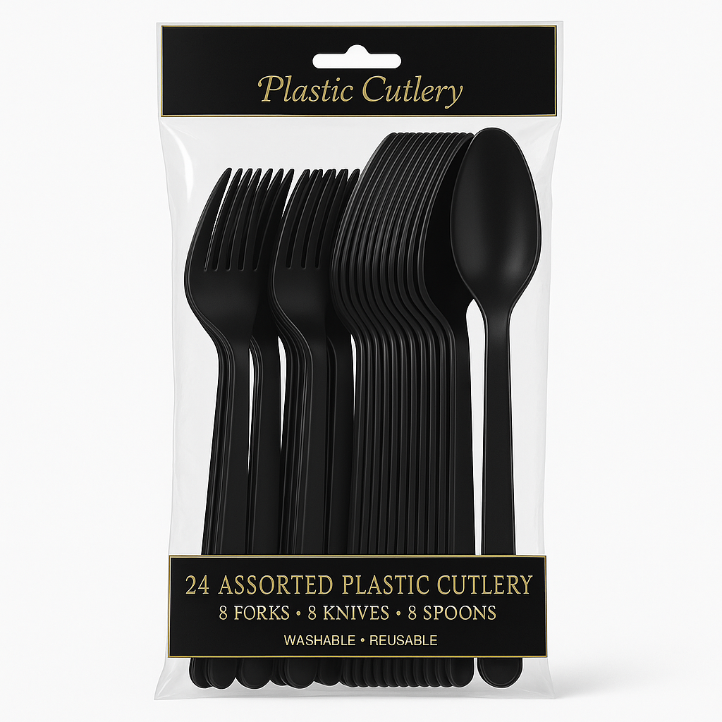 Jet Black Assorted Plastic Cutlery Set - 24 Pieces
