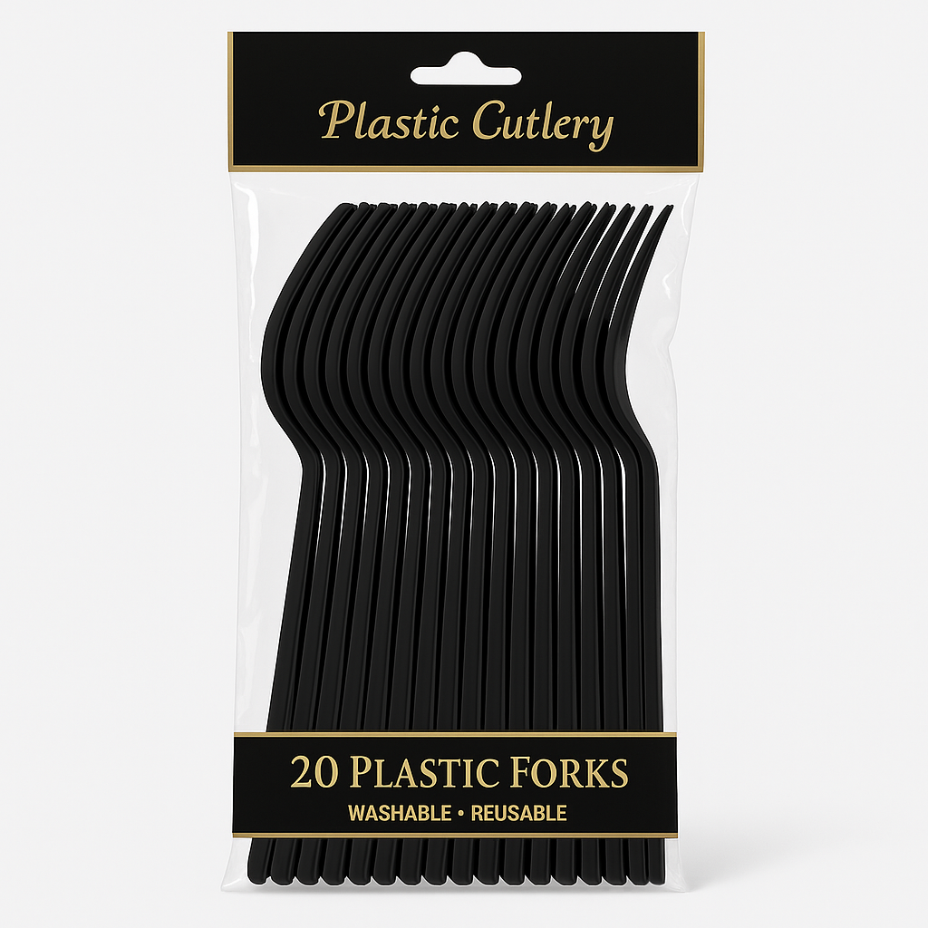 Jet Black Plastic Forks - Pack of 20
