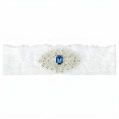 Something Blue Bridal Garter - White Lace Wedding Garter with Sapphire Rhinestone Applique, Plus Size Keepsake Garter for Bride