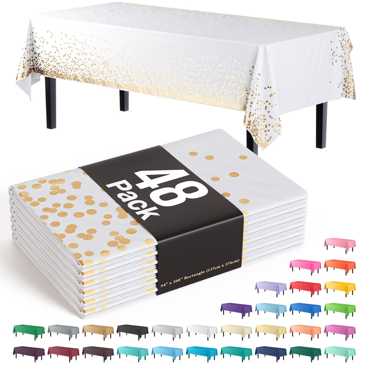 Celebrate Printed Plastic Table Cover White/Gold | Case of 48 - 54 In. x 108 In.