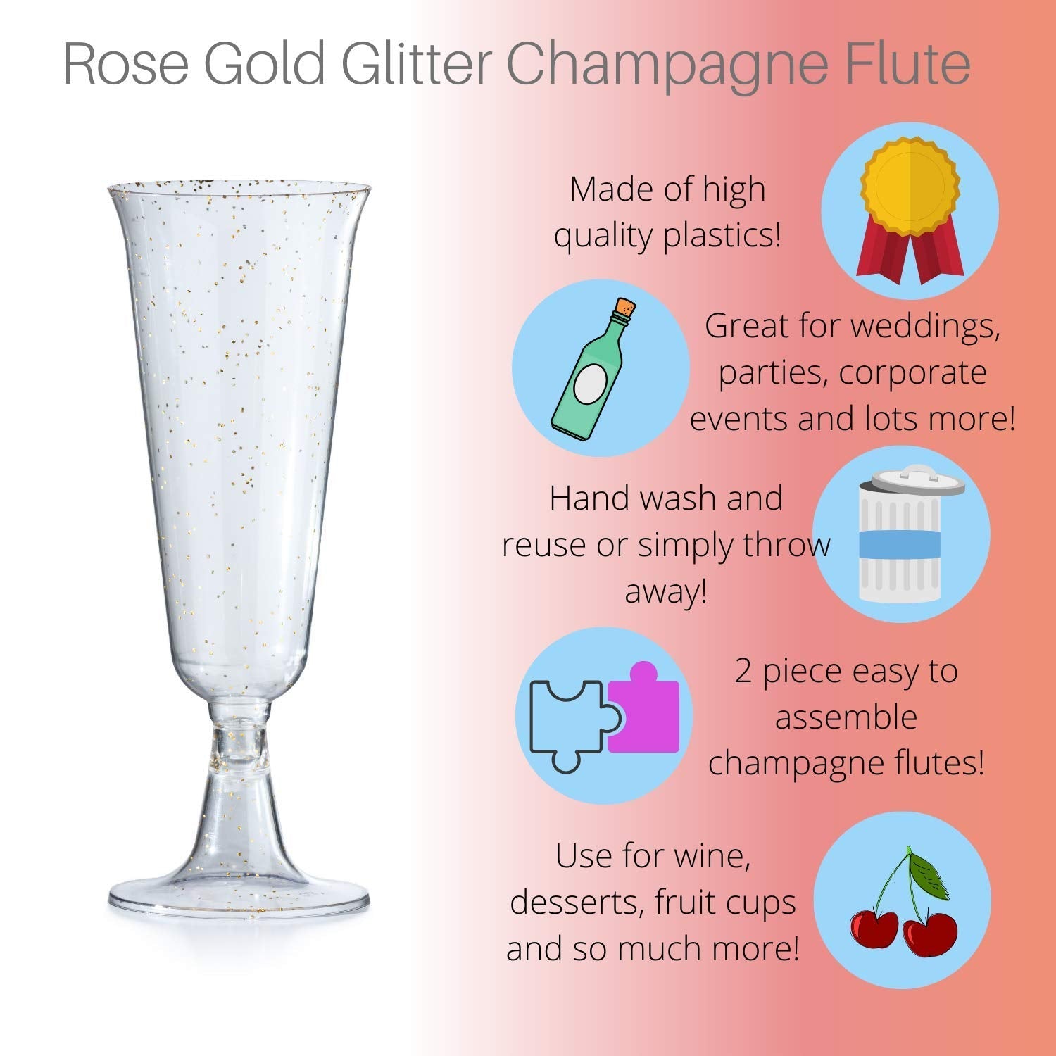 5 Oz. Rose Gold Sparkle Plastic Flute Glasses | 144 Qty