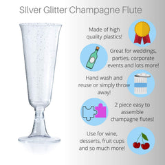 5 Oz. Silver Sparkle Plastic Flute Glasses | 144 Qty