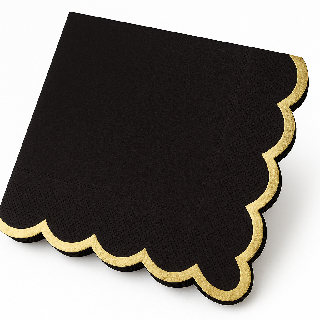 Black Scalloped Edge Beverage Napkin with Gold Hot Stamp - 5 In. X 5 In.