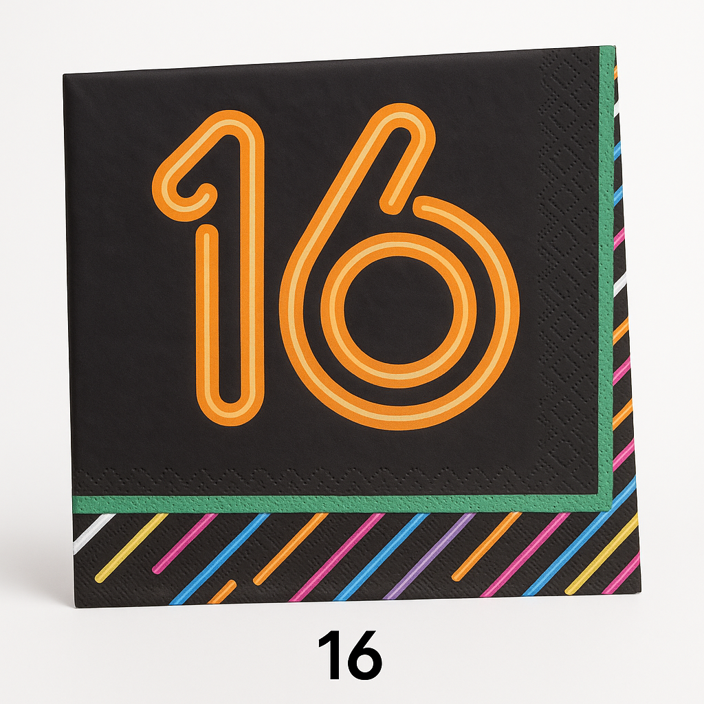 Neon "16" Birthday Beverage Napkins - Pack of 16 - 5 In. X 5 In.