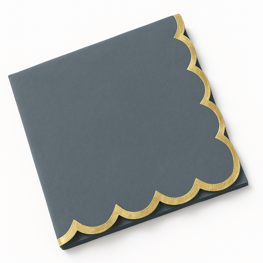 Elegant Dark Grey Luncheon Napkins with Gold Scalloped Edge