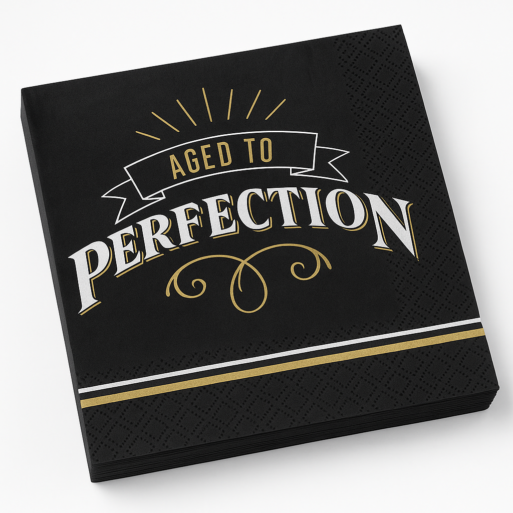 "Aged to Perfection" Birthday Lunch Napkins - Black & Gold, 16-Pack
