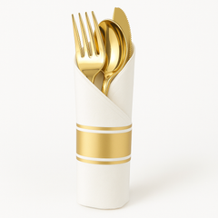 Elegant Gold Rolled Cutlery Set with Printed Guest Towel