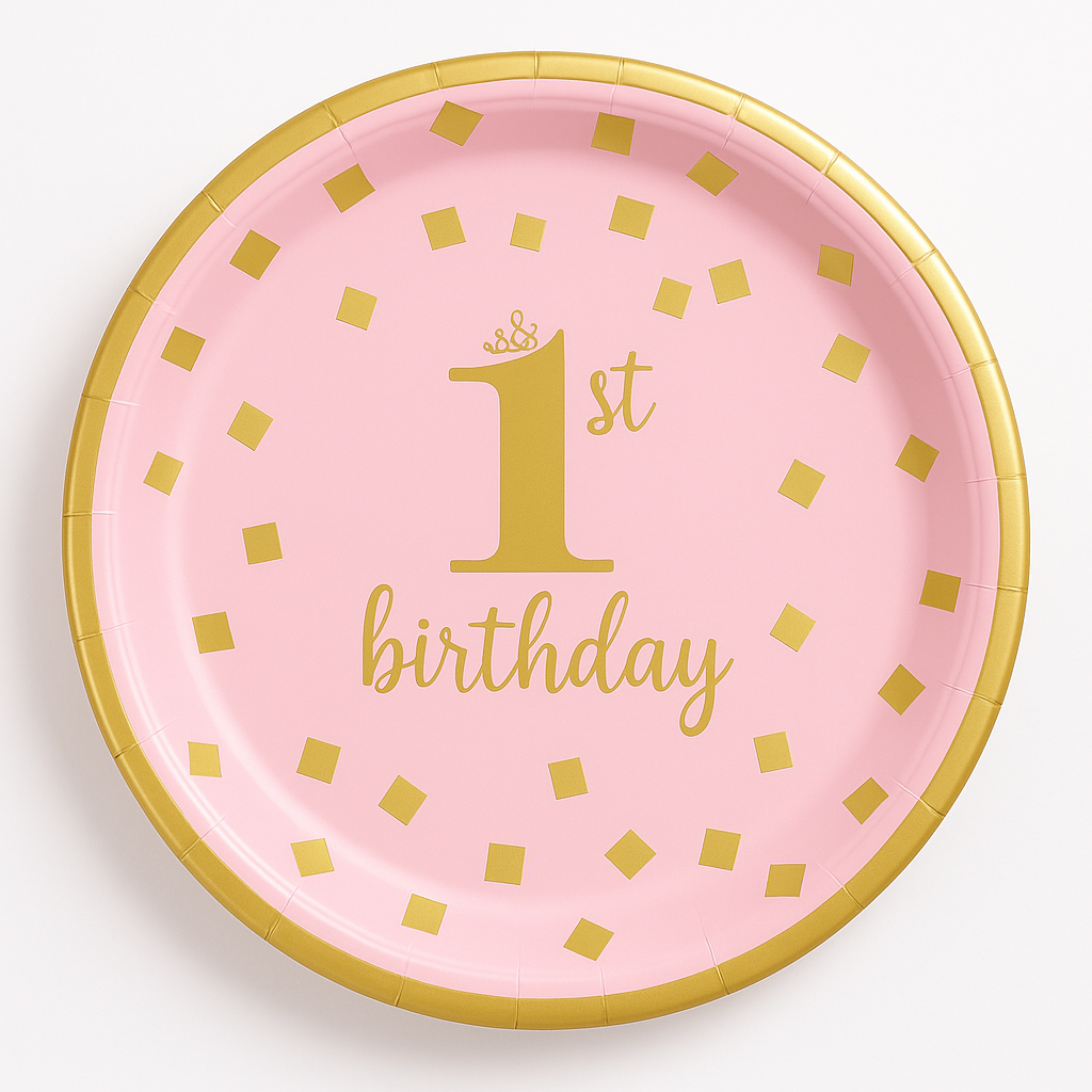 Metallic Pink and Gold Confetti 1st Birthday Dessert Plates, 7-Inch, 8-Pack