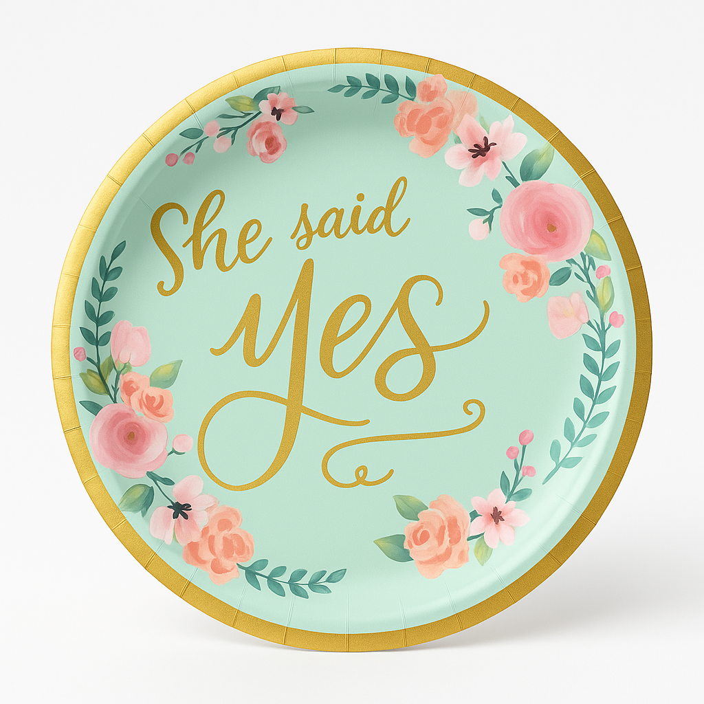 "She Said Yes" Floral 7" Round Metallic Mint Dessert Plates - 8 Pack