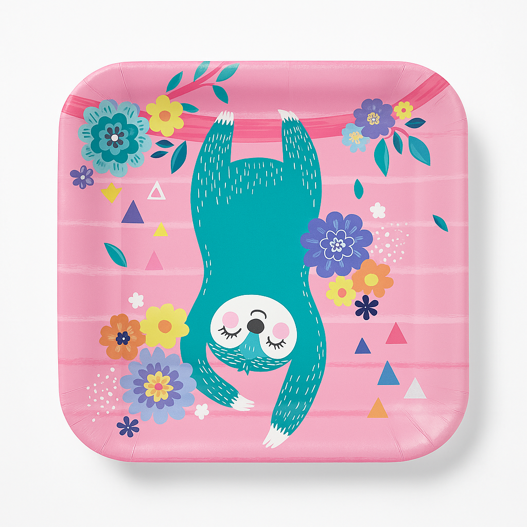 Vibrant Sloth Square Paper Plates - 7"