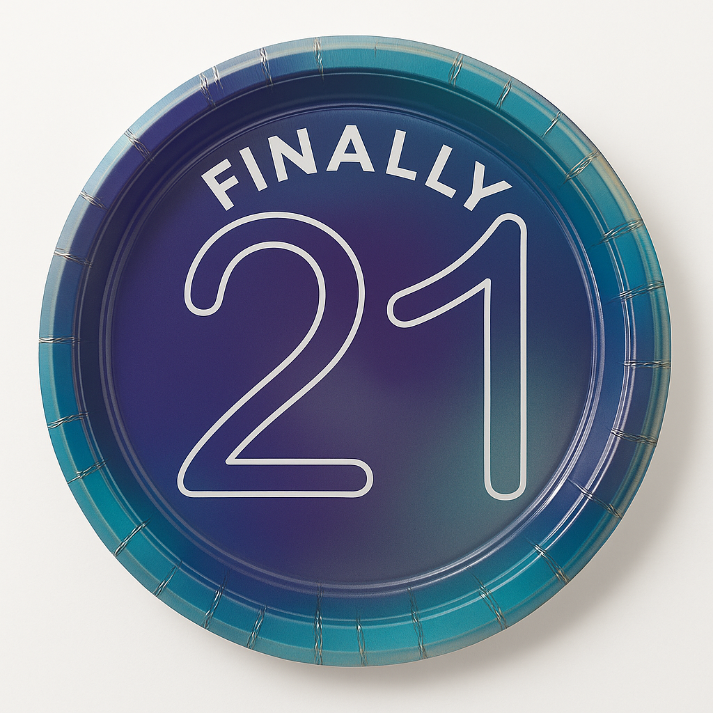 Iridescent "Finally 21" 7" Round Birthday Plates