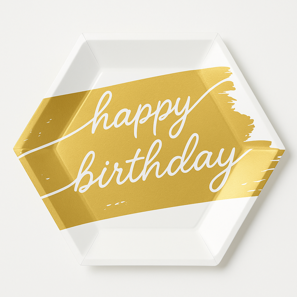 Golden Age Happy Birthday Hexagon Metallic Plates, 7-Inch, 8-Pack