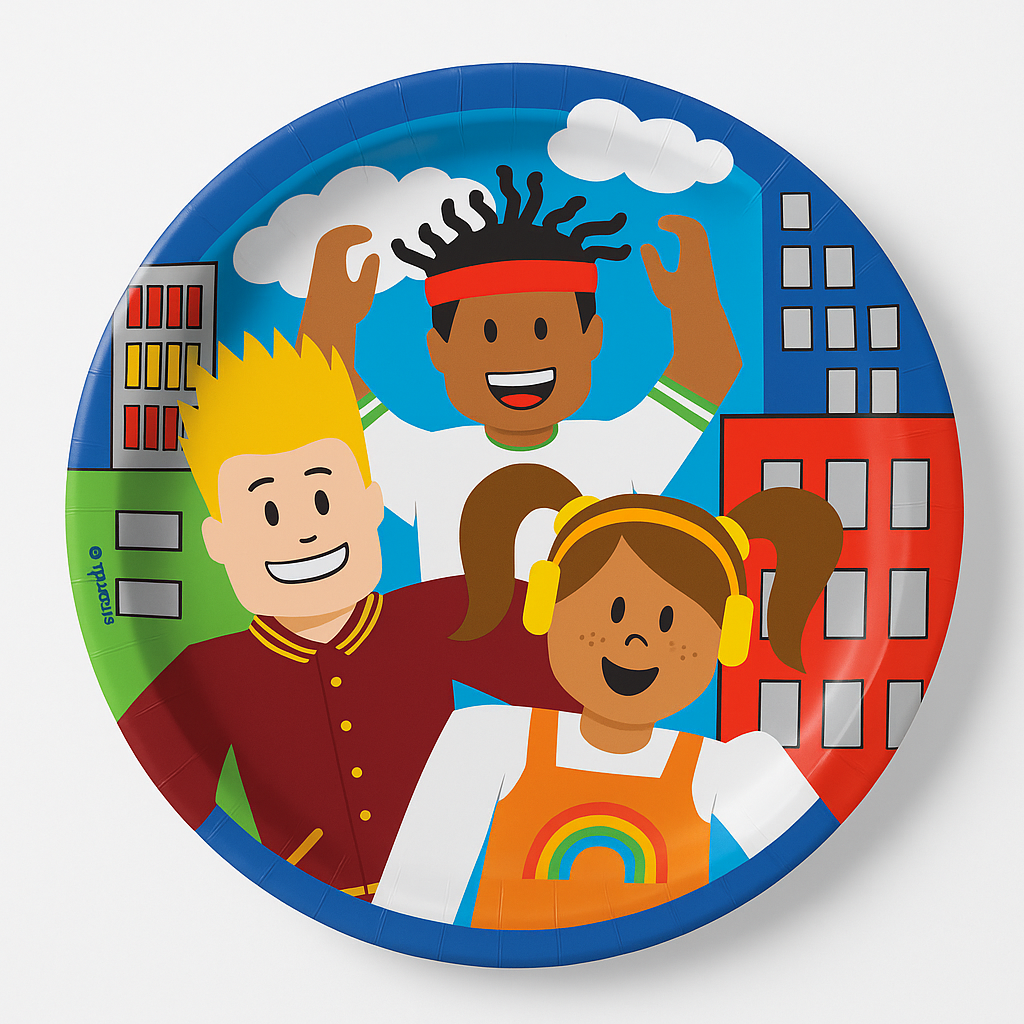 Party Town 7" Round Paper Plates for Kids' Birthdays - 8 Pack