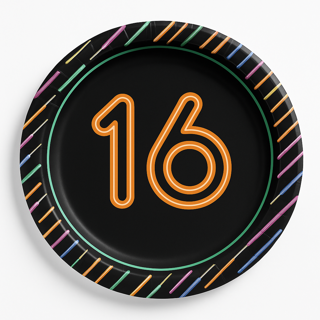 Neon Light 16th Birthday Paper Plates - 7" Round