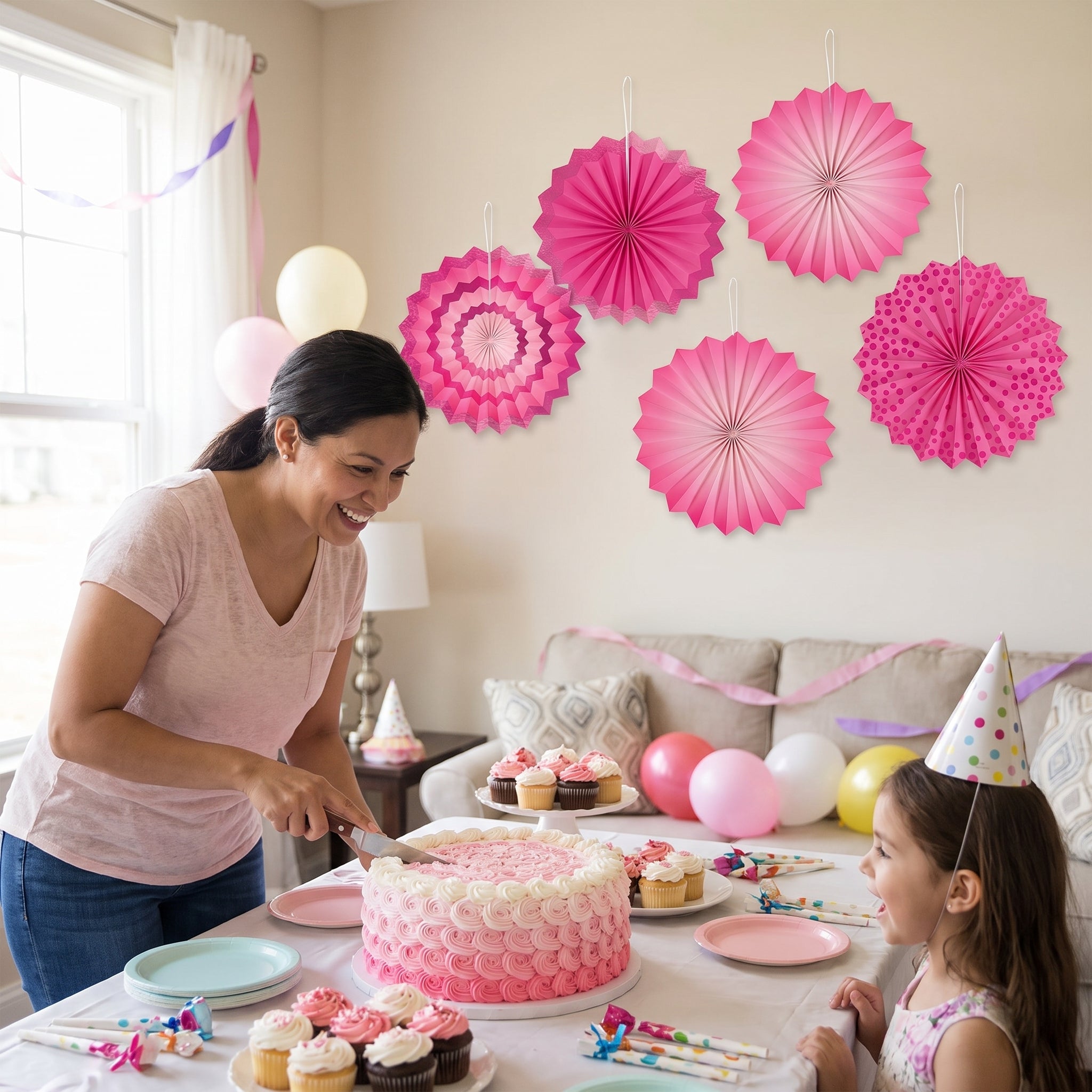 Mini Bright Pink Patterned Paper Fan Decorations, 5-Pack