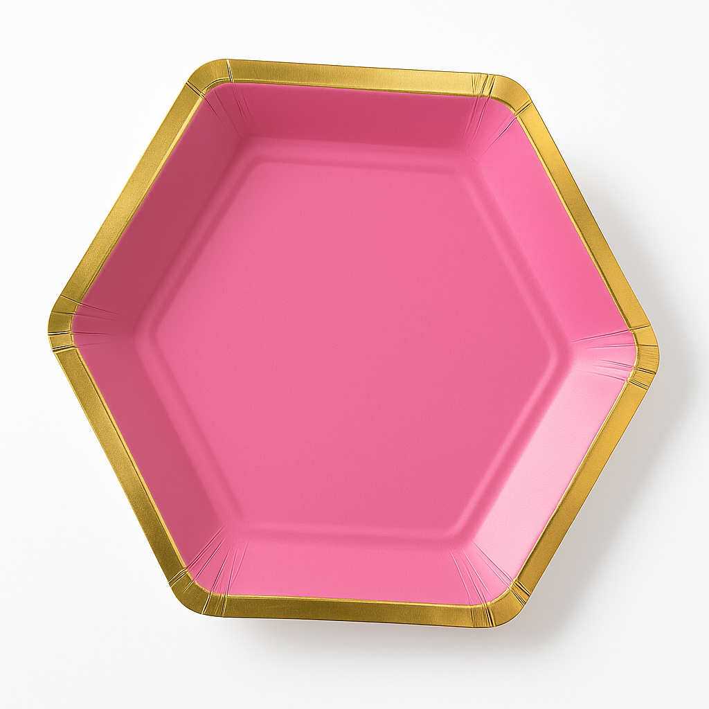 Bright Pink Hexagon Metallic Party Plates - 9"