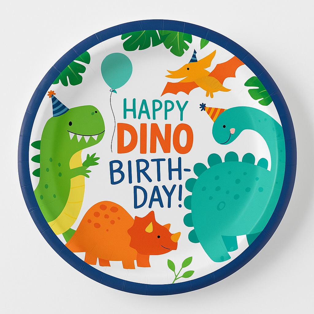 Dino-Mite Dinosaur Birthday Party Plates - 9" Round, 8 Pack