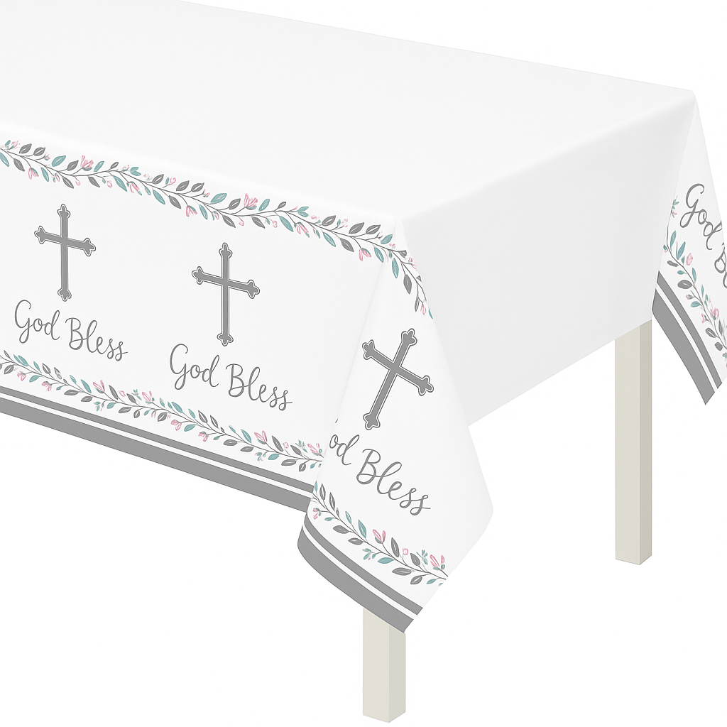 God Bless Holy Day Plastic Table Cover - 54" x 102" Reusable Decoration