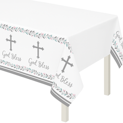 God Bless Holy Day Plastic Table Cover - 54" x 102" Reusable Decoration