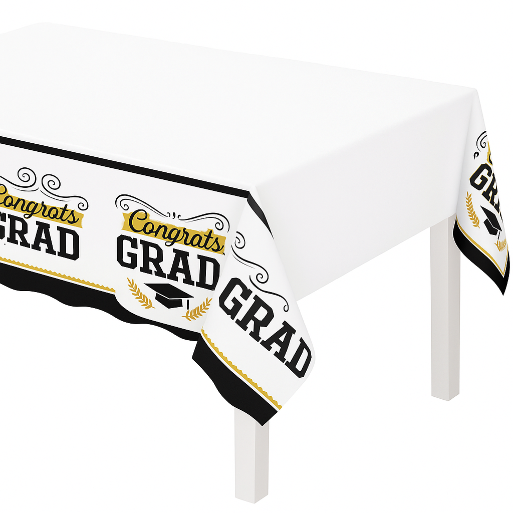 "Congrats Grad" Plastic Table Cover - Black & Gold 54x84 inch for Graduation