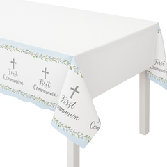 Sacraments First Communion Plastic Table Cover, Blue/White, 54x104-Inches - 54 x 104 in.