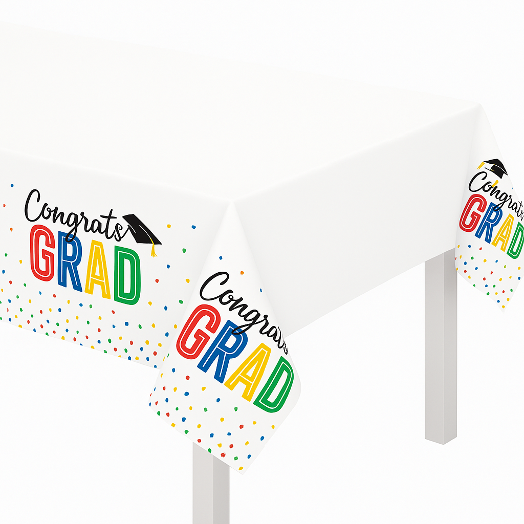 Congrats Grad Colorful Plastic Table Cover - Reusable & Festive