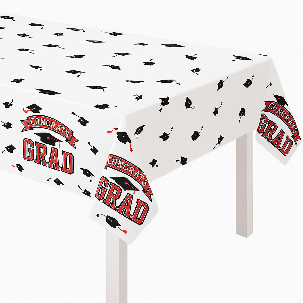 "Congrats Grad" Red Plastic Reusable Graduation Table Cover - 54x84 in