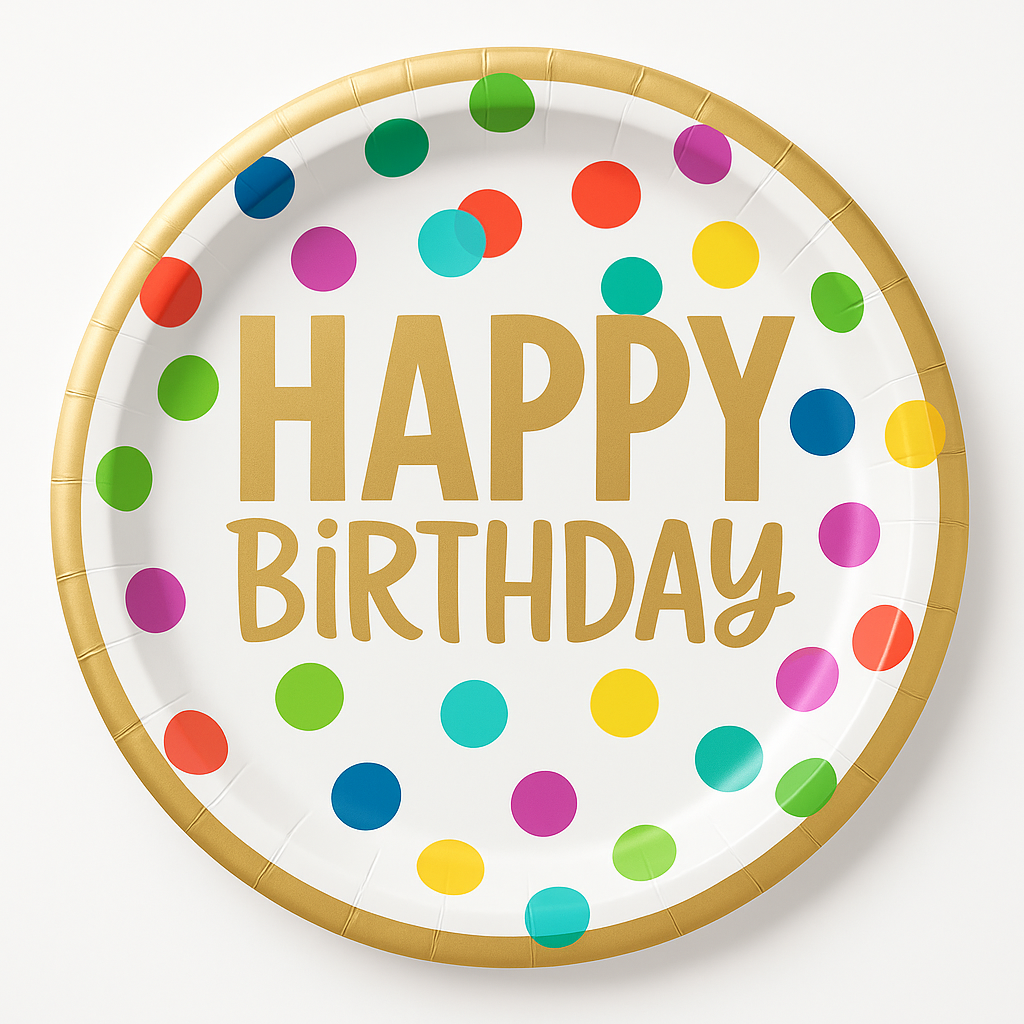 Multicolour Metallic Happy Dots Birthday Dinner Plates, 10.5-Inch, 8-Pack