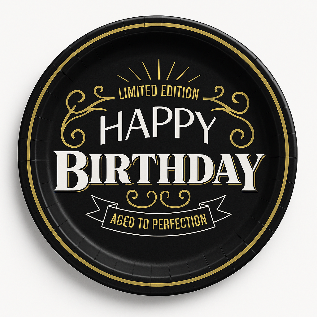 Better with Age Birthday Round Plates, Black/Gold, 10.5-Inch, 8-Pack