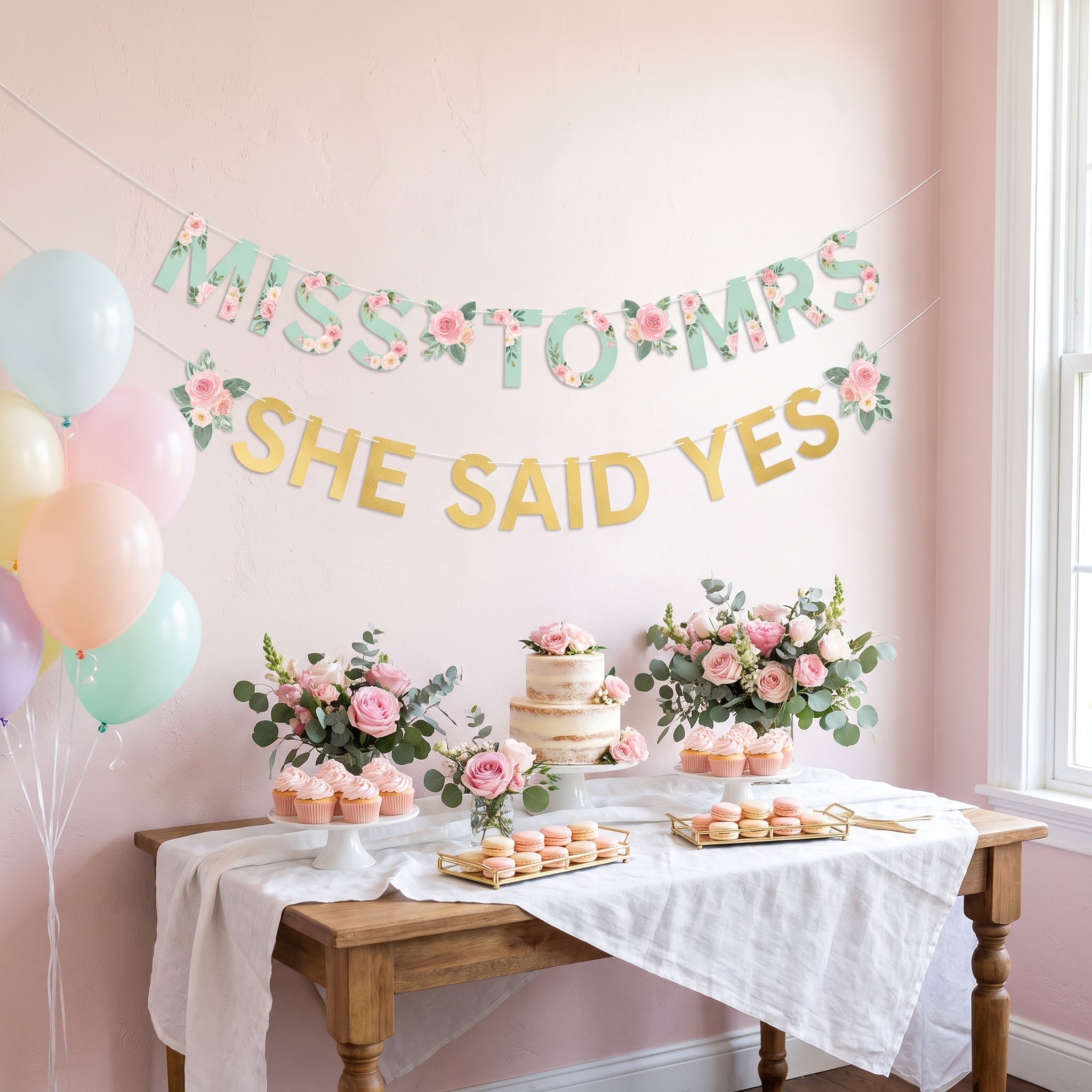Mint Floral "Miss to Mrs" and "She Said Yes" Wedding Banner Kit