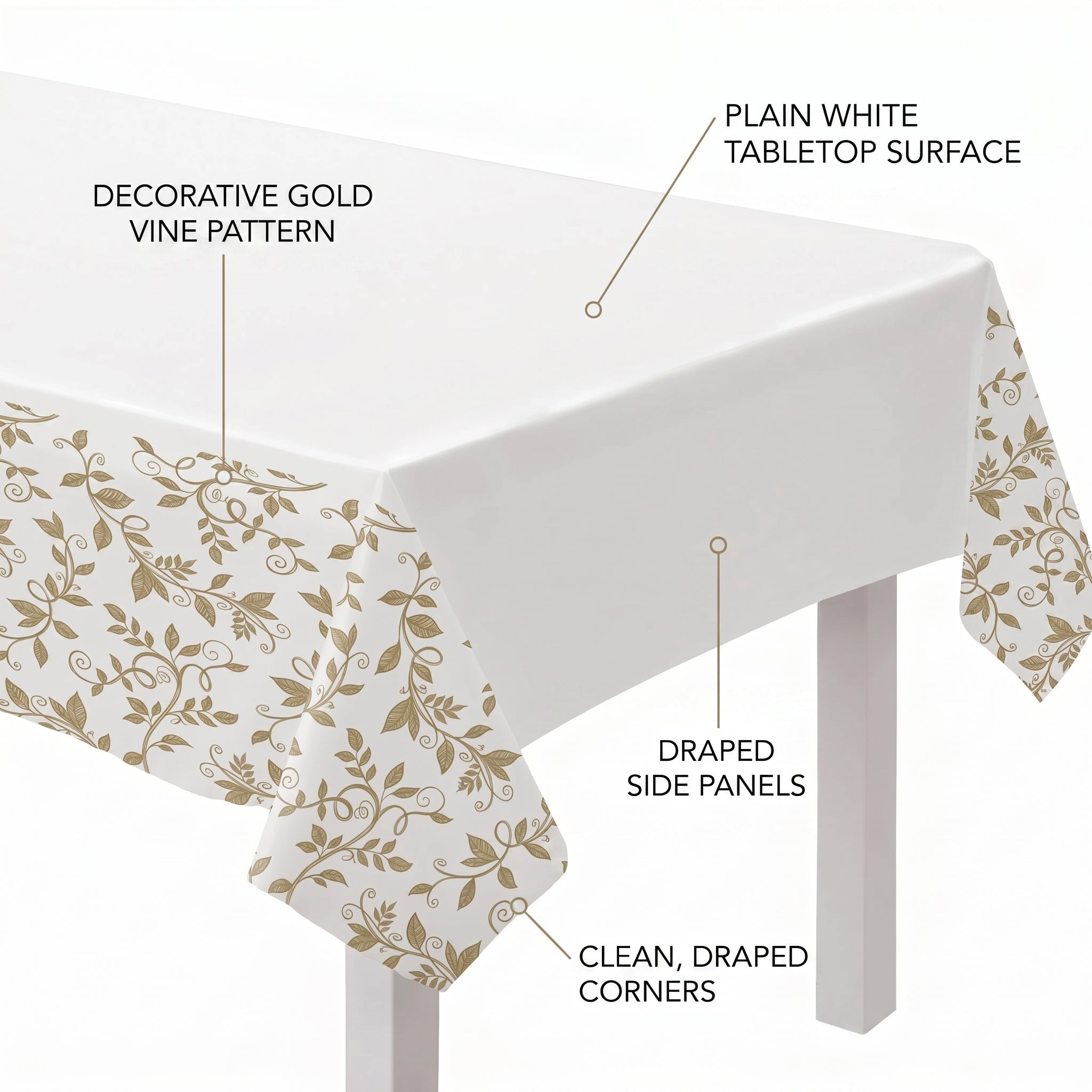 50th Anniversary White and Gold Plastic Table Cover - Elegant Floral Vine Rectangular Party Tablecloth, Wipeable Disposable Tablecloth for Wedding Anniversary Decor, 54 x 102