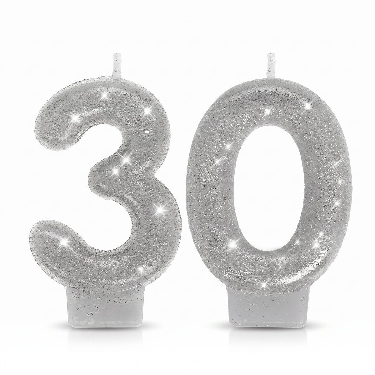 Sparkling Silver Glitter Number 30 Birthday Candles, 2-Piece Set