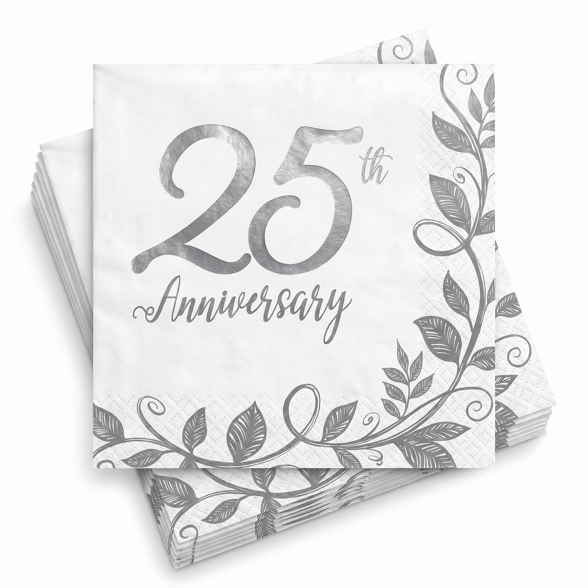 Silver 25th Anniversary Lunch Napkins - 6.5 In. x 6.5 In. - 16 Pack
