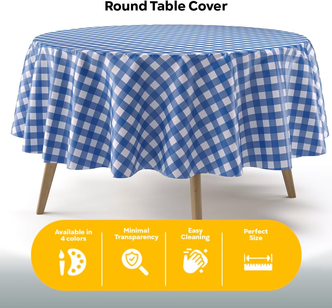 Round Blue Gingham Plastic Table Covers | 12 Pack