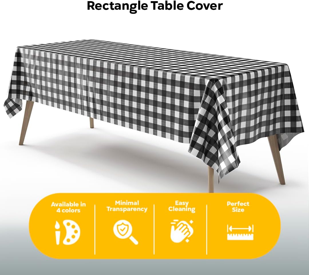 Black Gingham Plastic Table Cover | Case of 48 - 54 In. x 108 In.