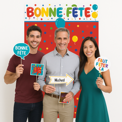 Birthday Party "Bonne F√™te" Scene Setter with Fun Photo Booth Props Kit