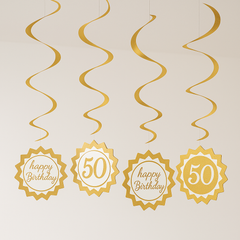 Golden Age 50th Birthday Swirl Hanging Decorations, Gold, 12-Piece Set