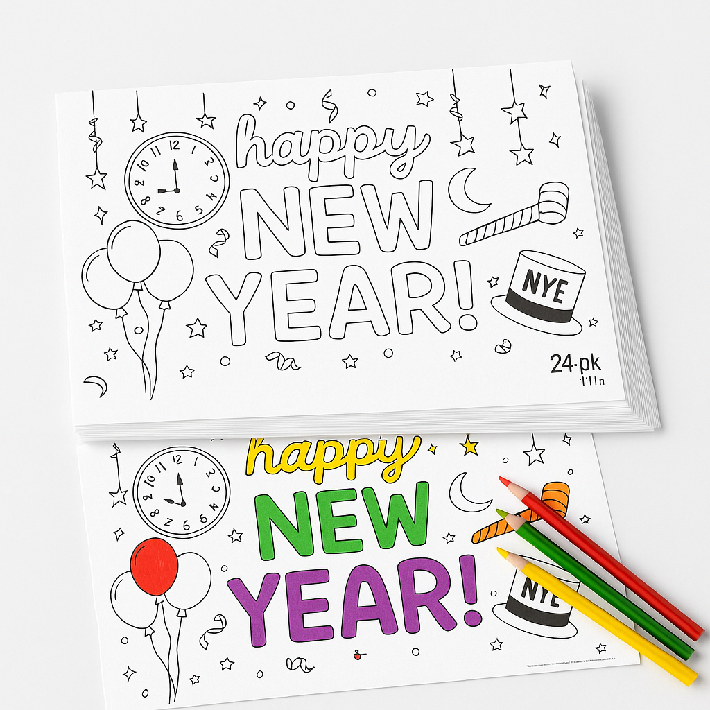 "Happy New Year" Coloring Paper Placemats - 24 Pack