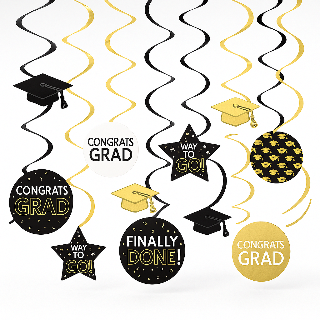Graduation Celebration Swirl Decorations, Black/Gold, 16-Pack