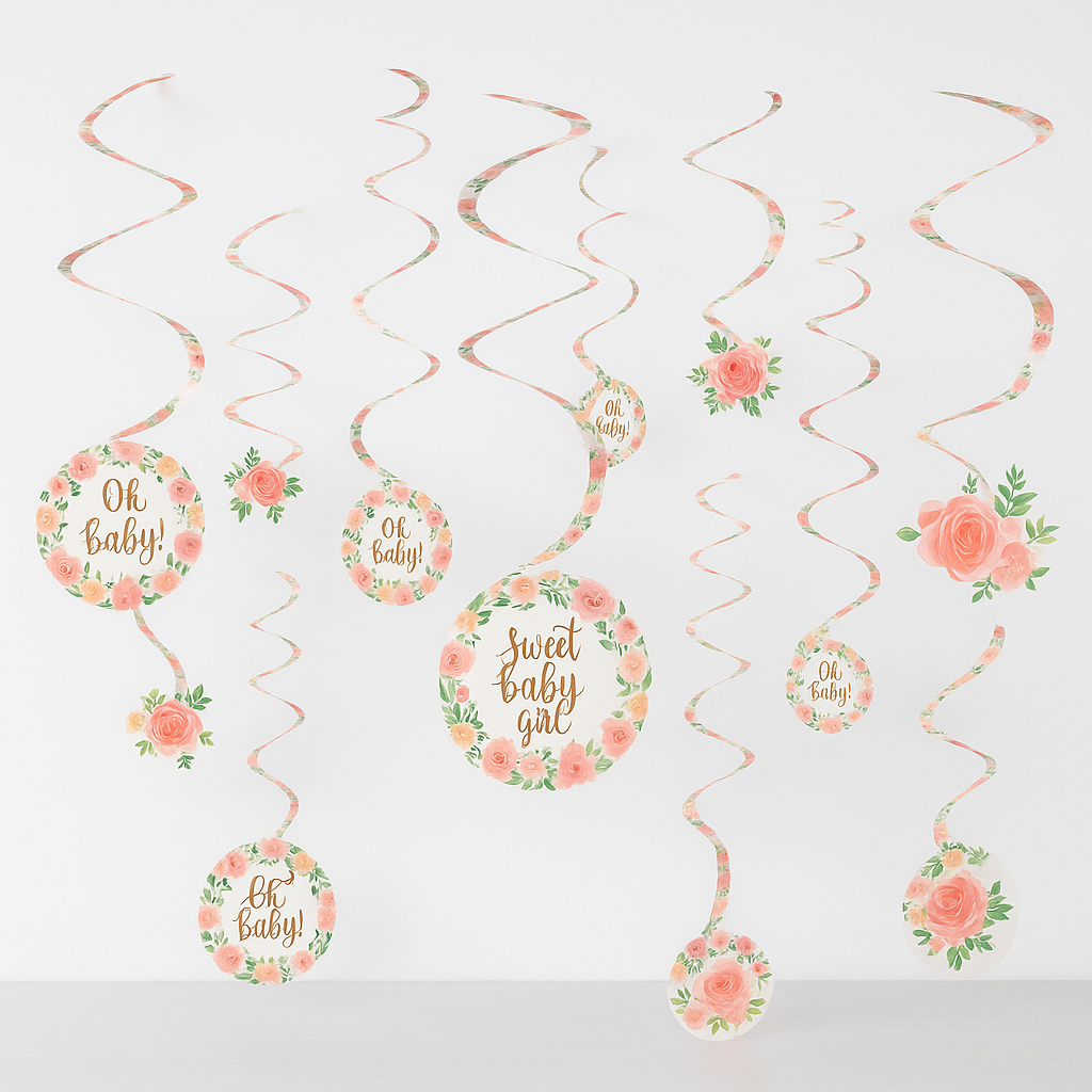 Floral Baby Swirl Hanging Decorations for Baby Shower, 12-Pack
