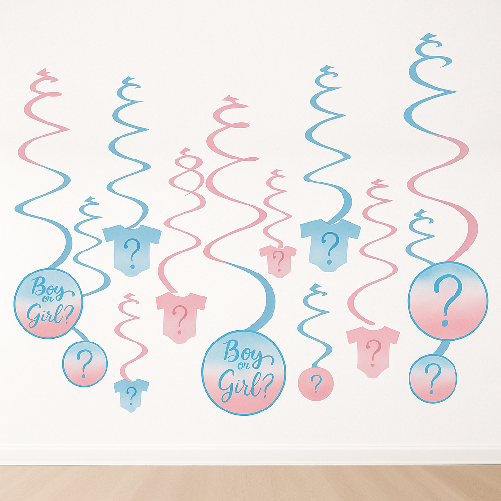 "Boy or Girl?" Spiral Hanging Decorations - 12 Pack for Gender Reveal