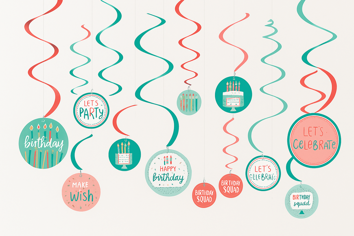 Happy Cake Day Spiral Hanging Decorations - Colorful Birthday Swirls, 12-Pack