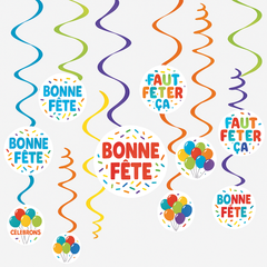 Bonne F√™te Spiral Hanging Decorations - Colorful Birthday Party Decor, 12-Pack